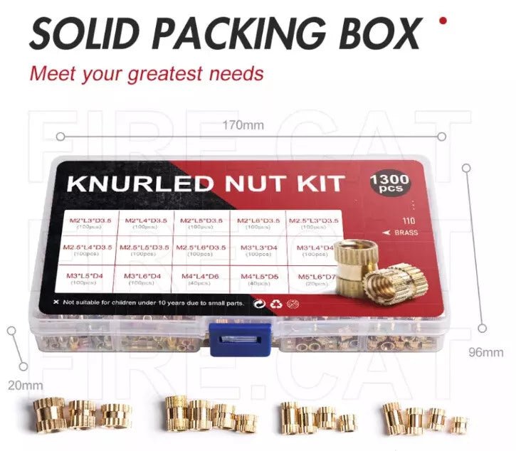 1300pcs M2 - M5 Assorted Brass Cylinder Knurl Nuts Round Insert Embedded Pack Case - THE TECH STATION UK