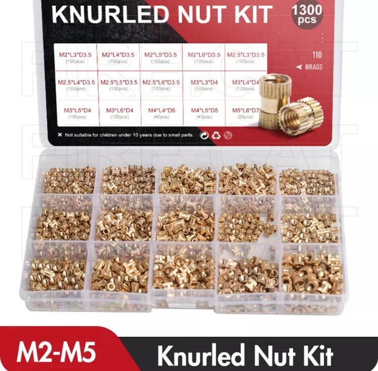 1300pcs M2 - M5 Assorted Brass Cylinder Knurl Nuts Round Insert Embedded Pack Case - THE TECH STATION UK