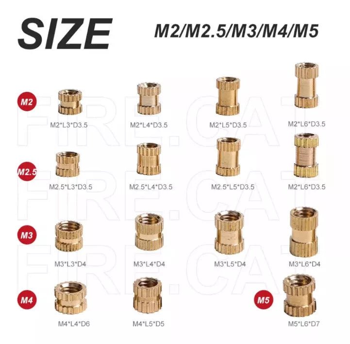 1300pcs M2 - M5 Assorted Brass Cylinder Knurl Nuts Round Insert Embedded Pack Case - THE TECH STATION UK