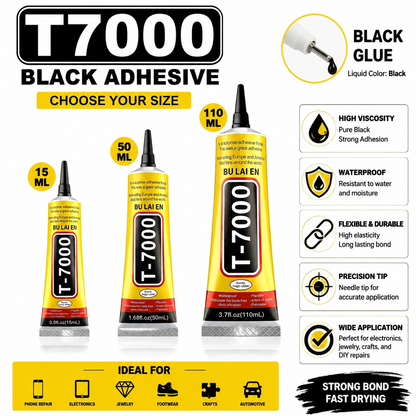 Three tubes of Bu Lai En T7000 black adhesive shown in 15 mL, 50 mL, and 110 mL sizes on a white background with feature callouts and icons.