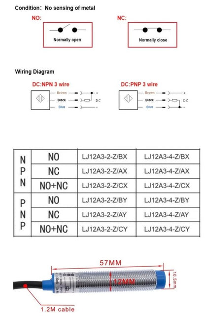Inductive Proximity Sensor LJ12A3 - 4 - Z/BX Metal Detecting NPN NO 3 Wire DC 6 - 36V - THE TECH STATION UK